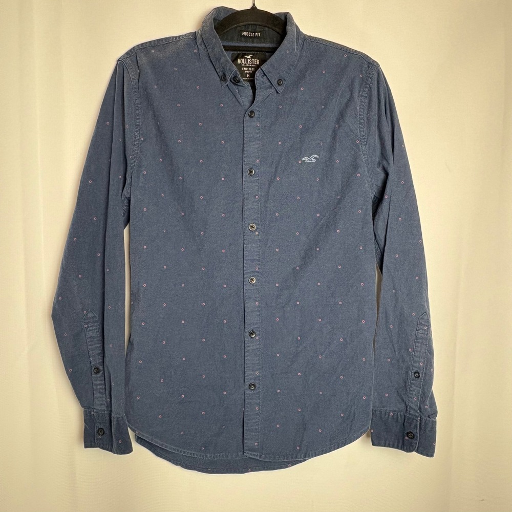 Hollister Mens Muscle Fit Button Down Shirt Blue Micro Dot Stretch Epic Flex M